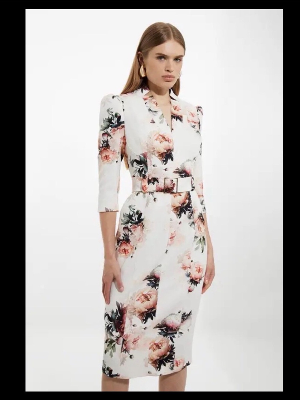 Karen Millen White Midi Dress with Pink Floral Print